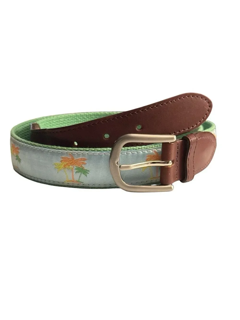 TheBelted Cow Co. Maine Palm Tree Ribbon Belt Leather Brass Buckle 36/40